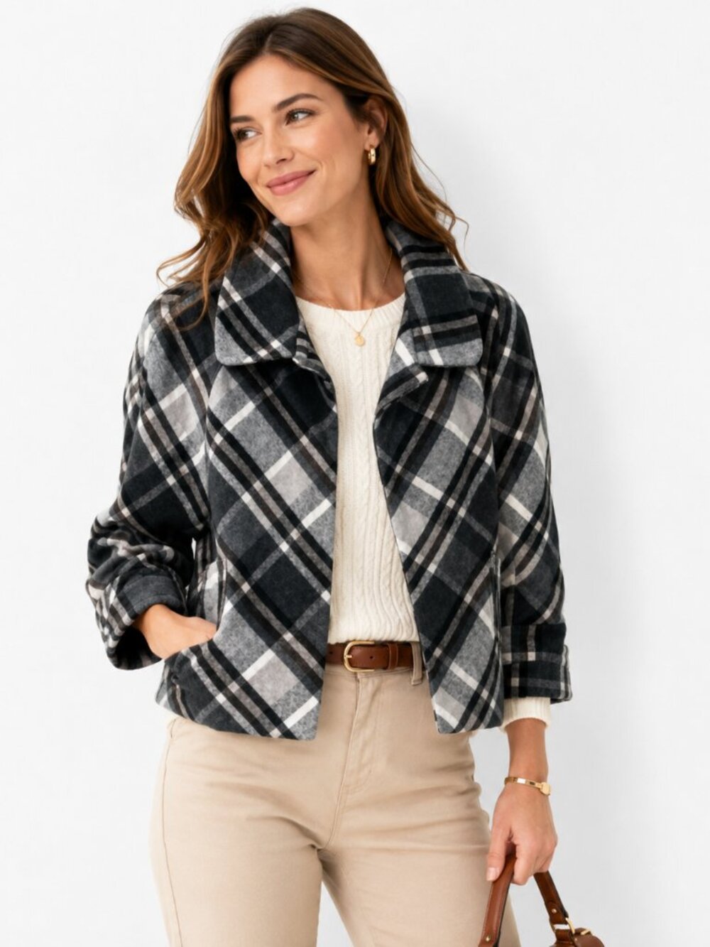 Apostrophe Cropped Plaid Wool Jacket Poncho Style Blue Gray Black Size Medium